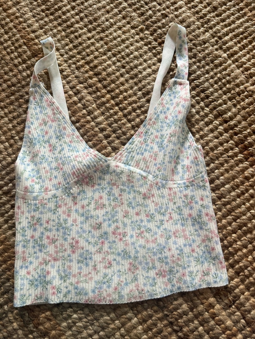 Zara Cream Ribbed Knit Tank with Pastel Floral Trim